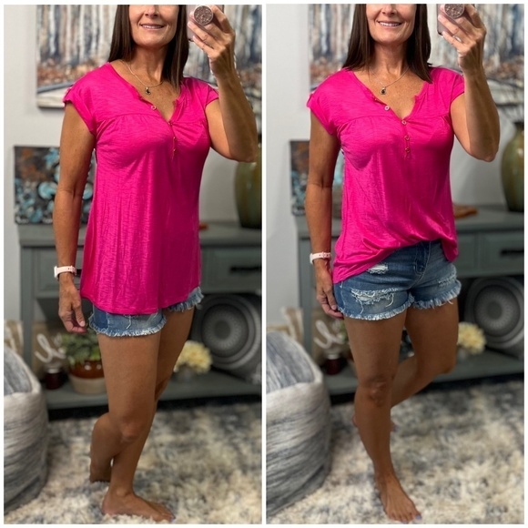 Melange Henley Button V Neck Floaty Cuffed Tabbed  Short Sleeve Hot Pink 0523 - Picture 1 of 10